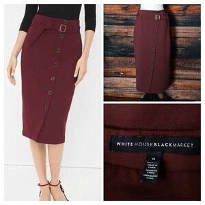 White House Black Market 6 Midi Pencil Skirt Belted Asymmetrical Button Burgundy